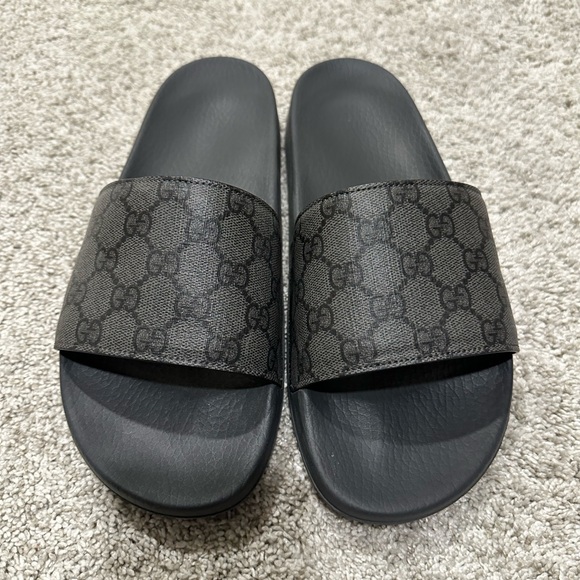 Gucci Dark Gray Monogram Slide Sandals - Picture 1 of 3